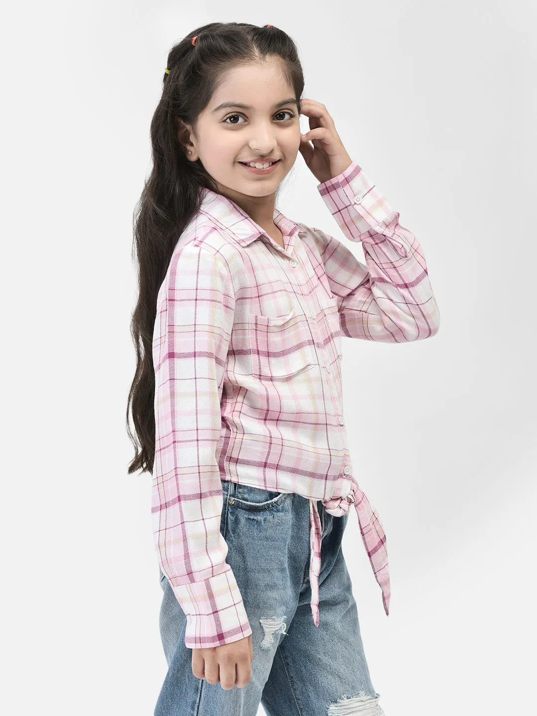 Pink Checked Waist Tie Up Shirt