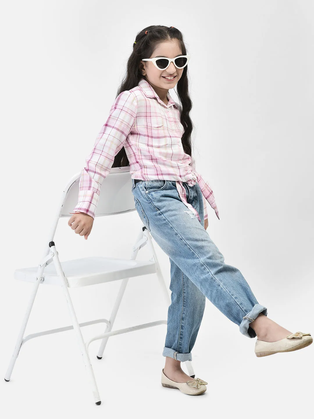 Pink Checked Waist Tie Up Shirt
