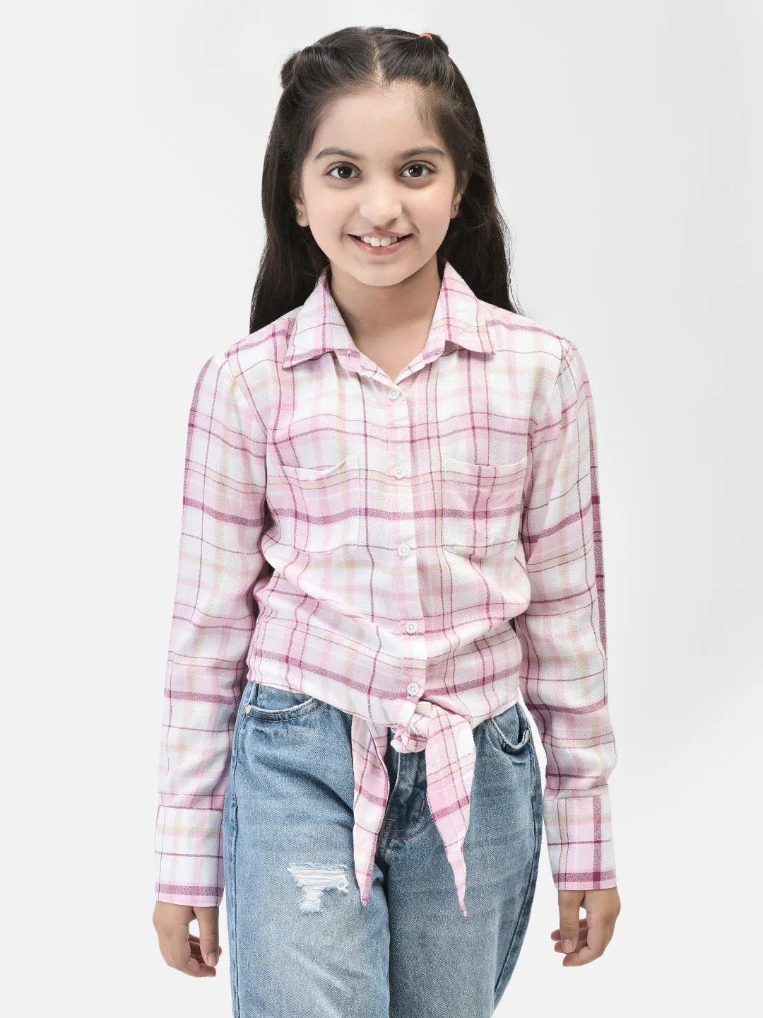 Pink Checked Waist Tie Up Shirt