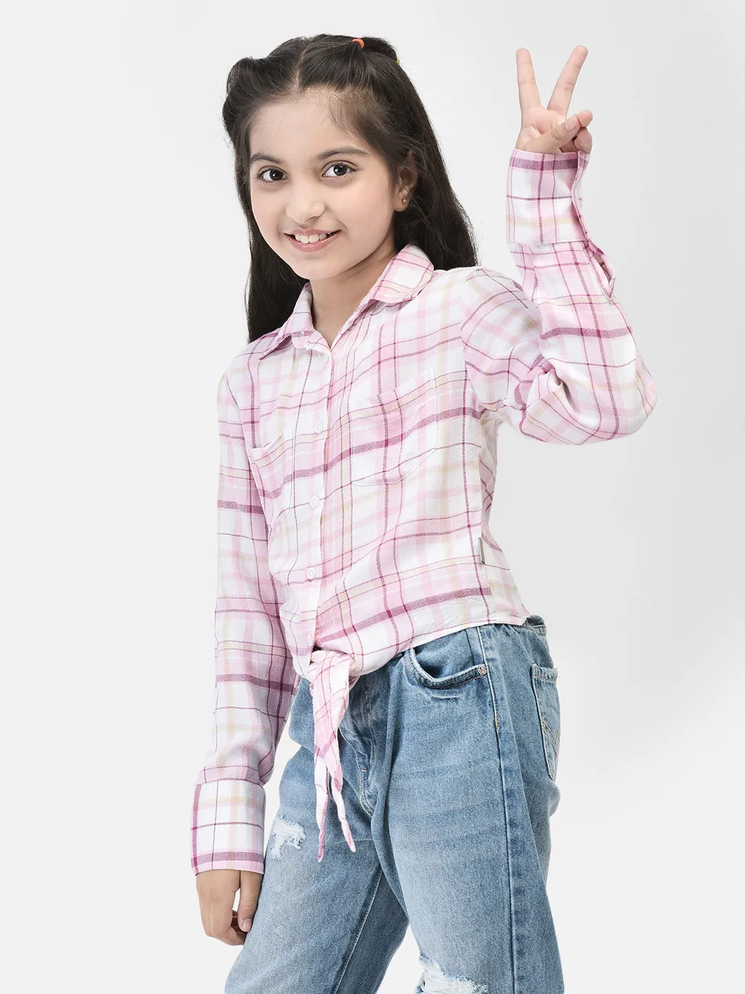 Pink Checked Waist Tie Up Shirt