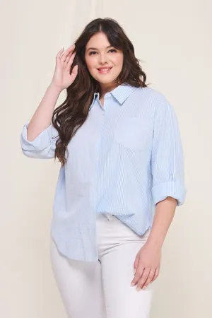 Plus Size Light Blue Twin Stripe Cotton Blend Button-Up Shirt