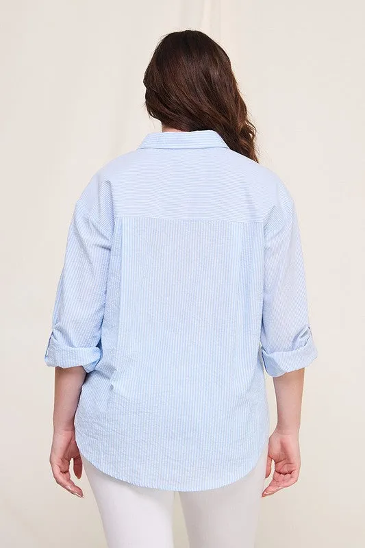 Plus Size Light Blue Twin Stripe Cotton Blend Button-Up Shirt