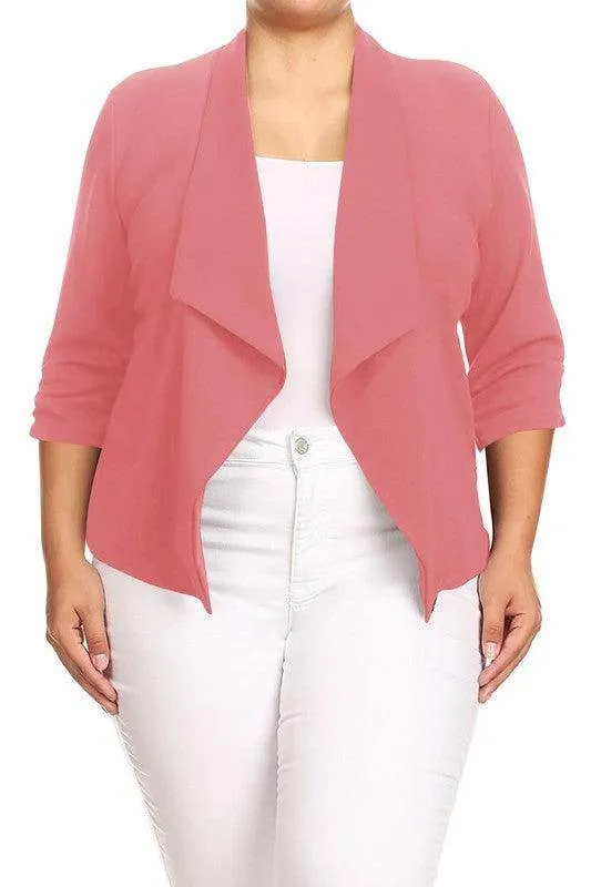 Plus Size Solid Waist Length Jacket Open Front 17 Colors