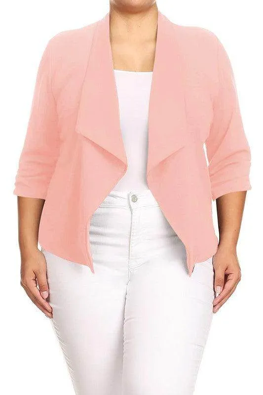 Plus Size Solid Waist Length Jacket Open Front 17 Colors