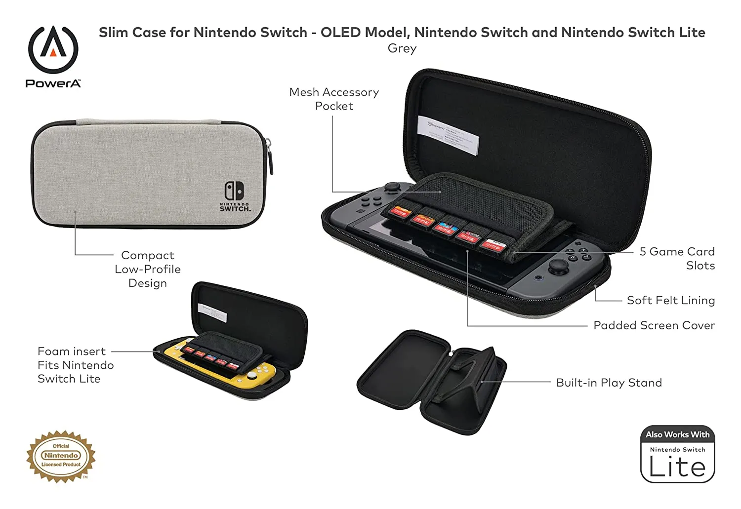 Power A Slim Case for Nintendo Switch - OLED Model, Nintendo Switch or Nintendo Switch Lite – Grey