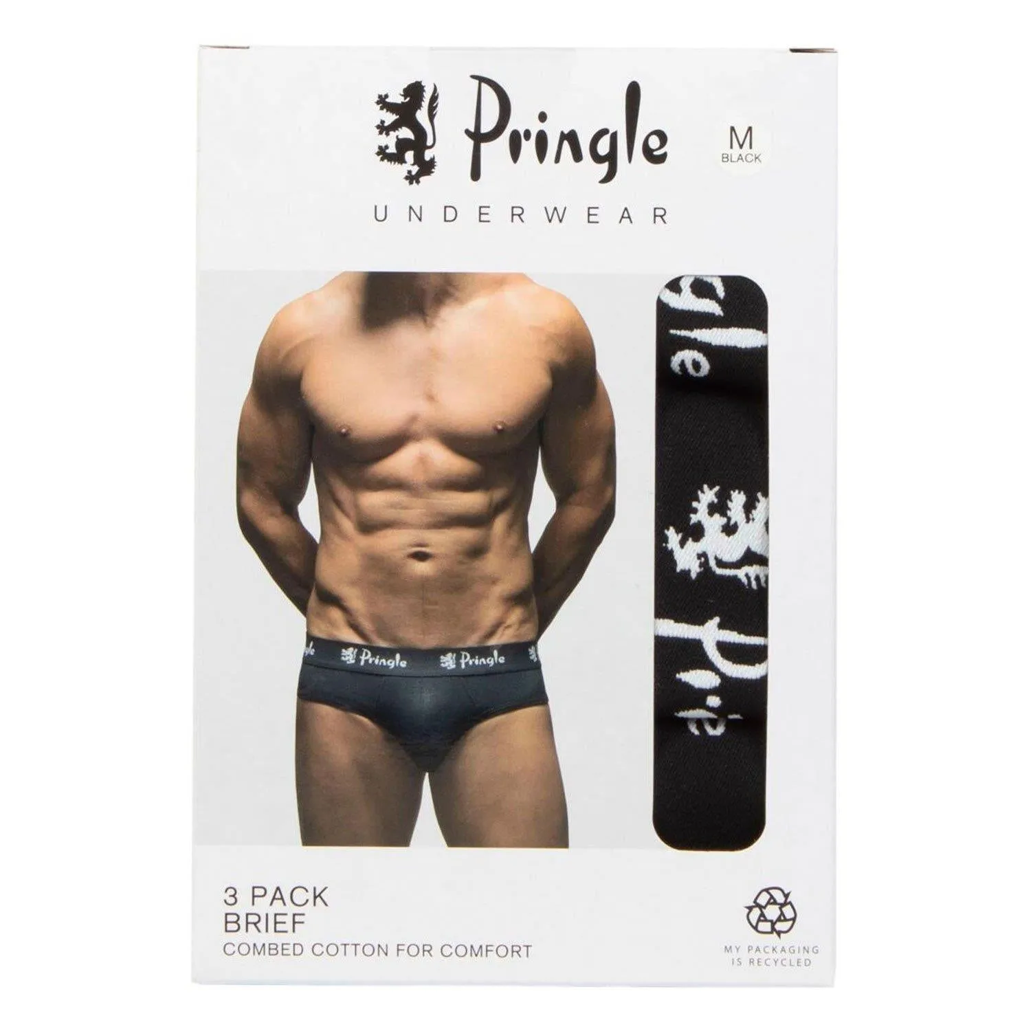 Pringle Men's Plain Cotton Briefs Trunks 3 Pack in Black, S to XL