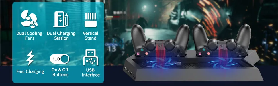 PS4 Universal Vertical Stand, Fan Cooler and Dual Charging Station – for PS4/ PS4 Pro/ PS4 Slim