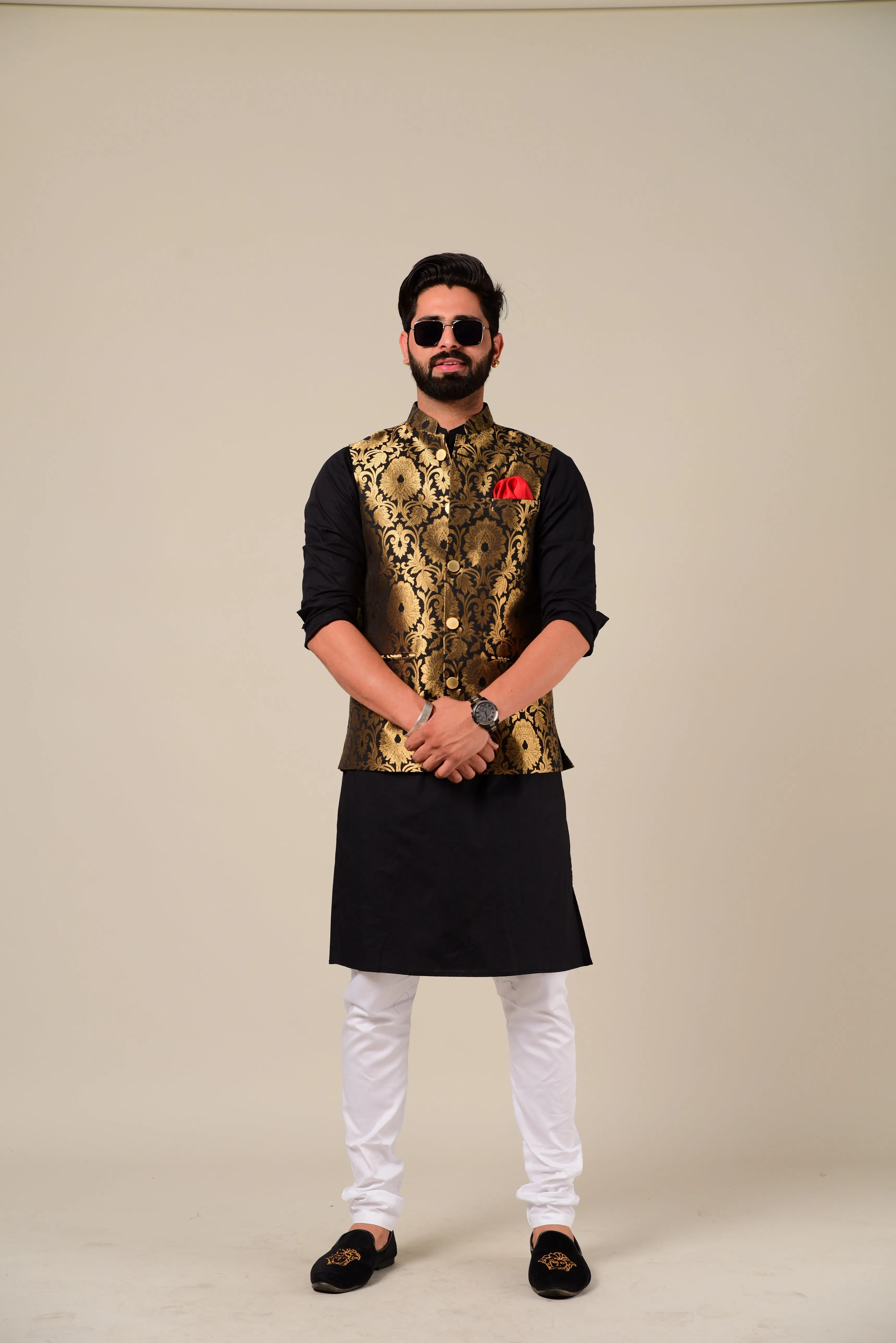 Punjabi Style Black Kurta Pajama with Black Golden Nehru Jacket Set