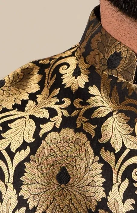 Punjabi Style Black Kurta Pajama with Black Golden Nehru Jacket Set
