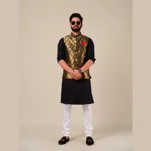 Punjabi Style Black Kurta Pajama with Black Golden Nehru Jacket Set