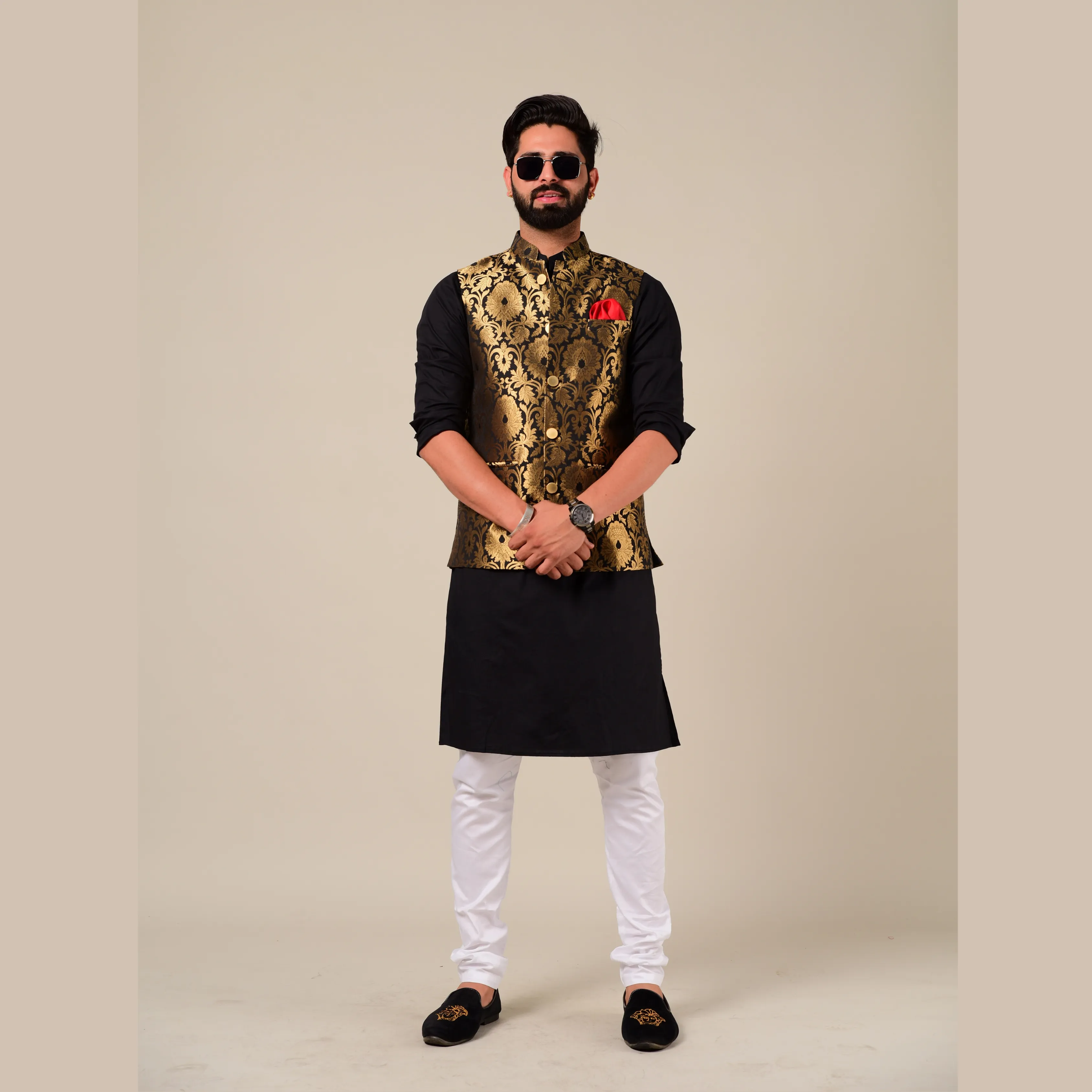 Punjabi Style Black Kurta Pajama with Black Golden Nehru Jacket Set