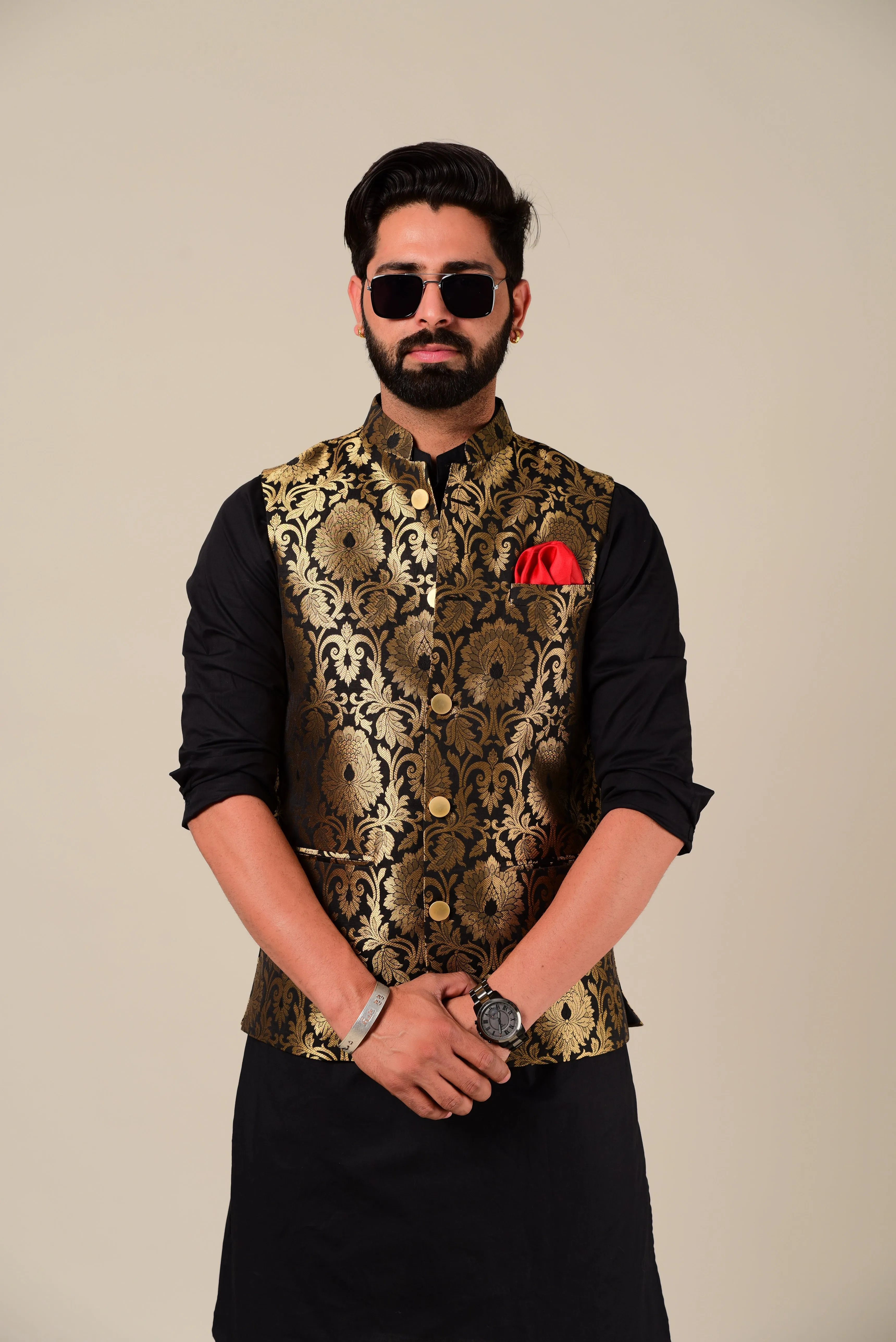 Punjabi Style Black Kurta Pajama with Black Golden Nehru Jacket Set