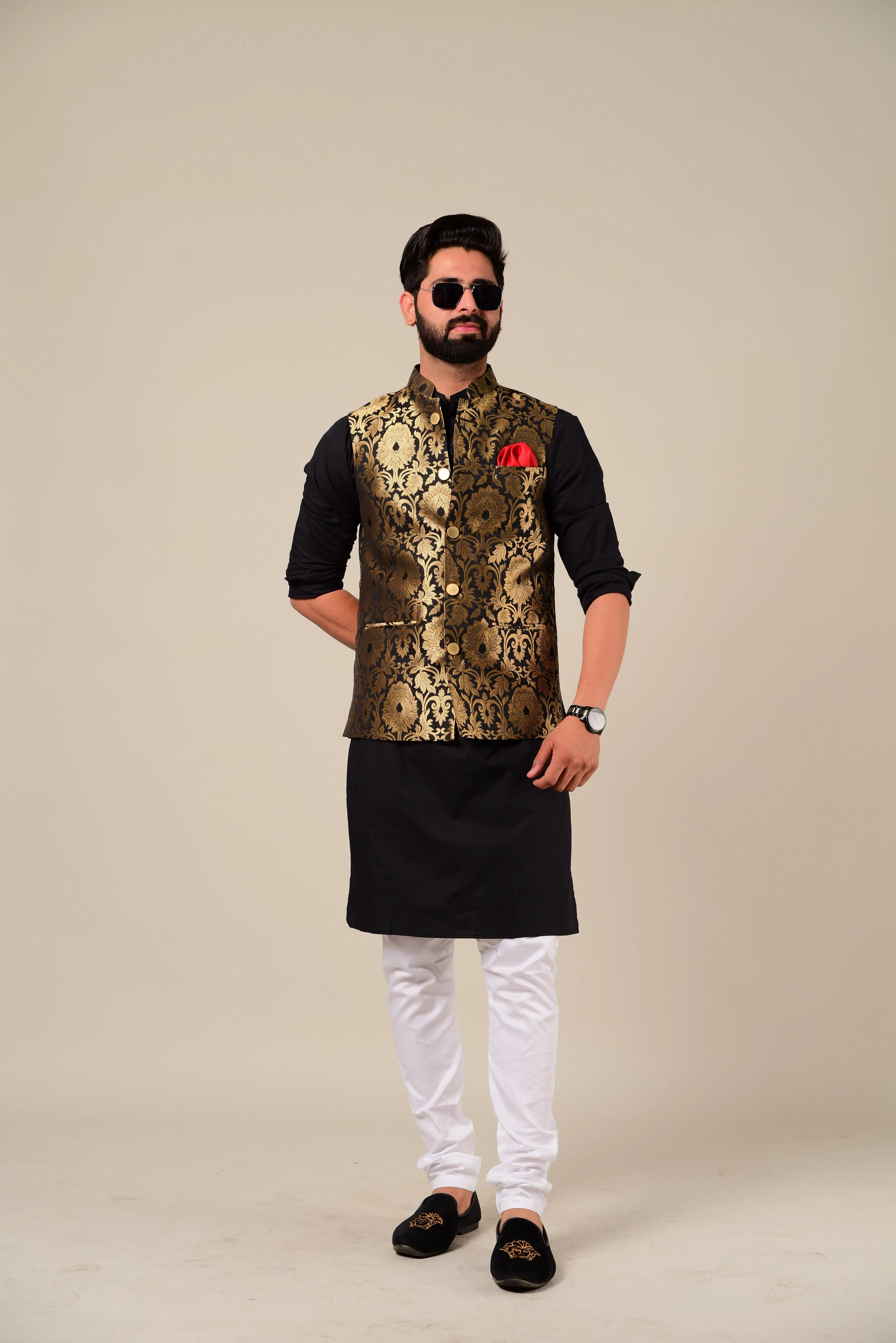 Punjabi Style Black Kurta Pajama with Black Golden Nehru Jacket Set