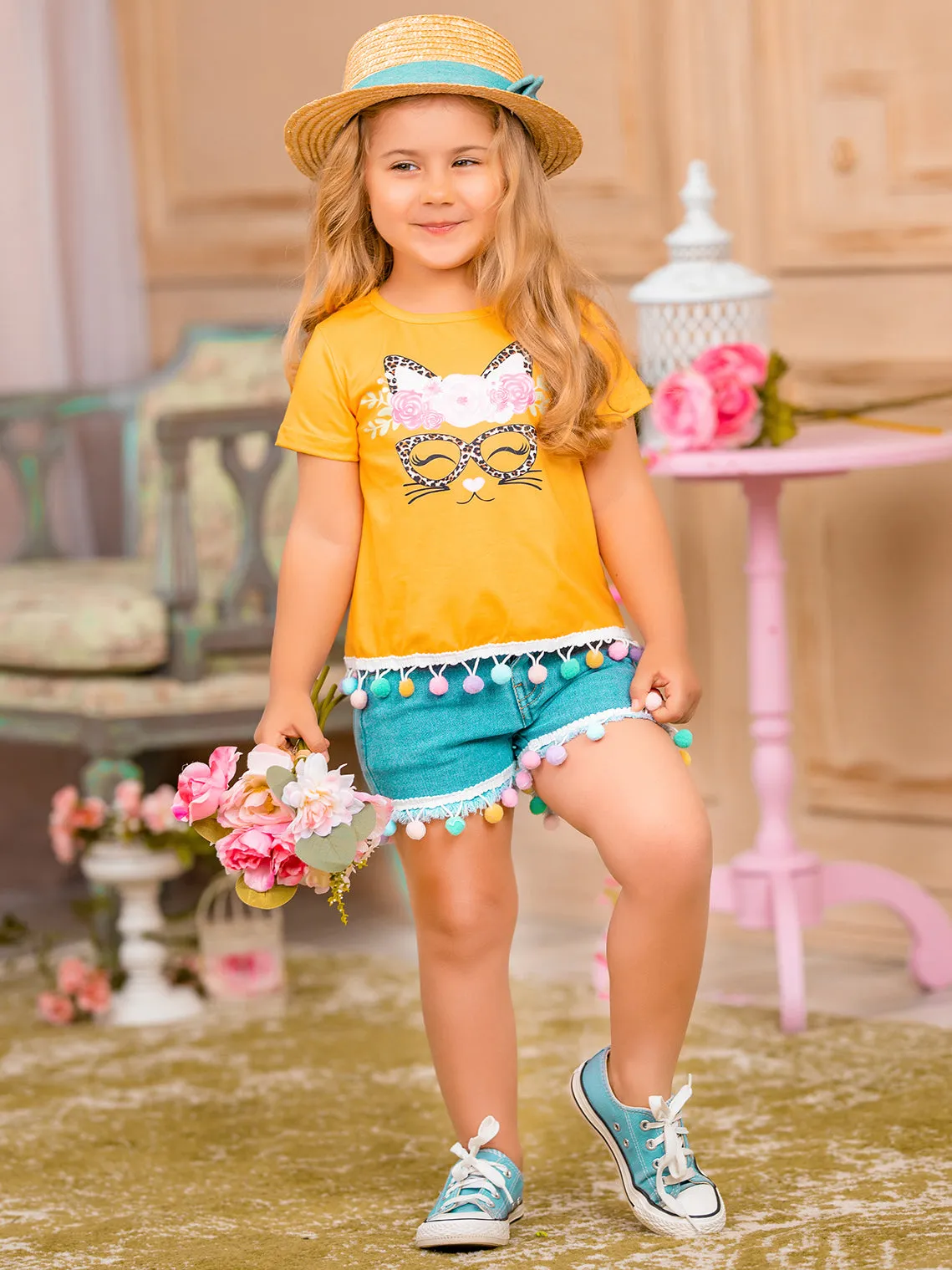 PURRrecious Kitten Pom Pom Denim Shorts Set