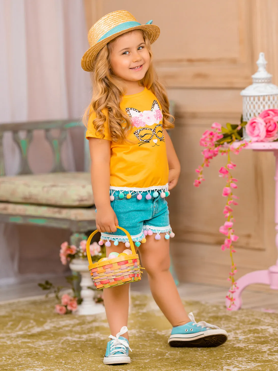 PURRrecious Kitten Pom Pom Denim Shorts Set