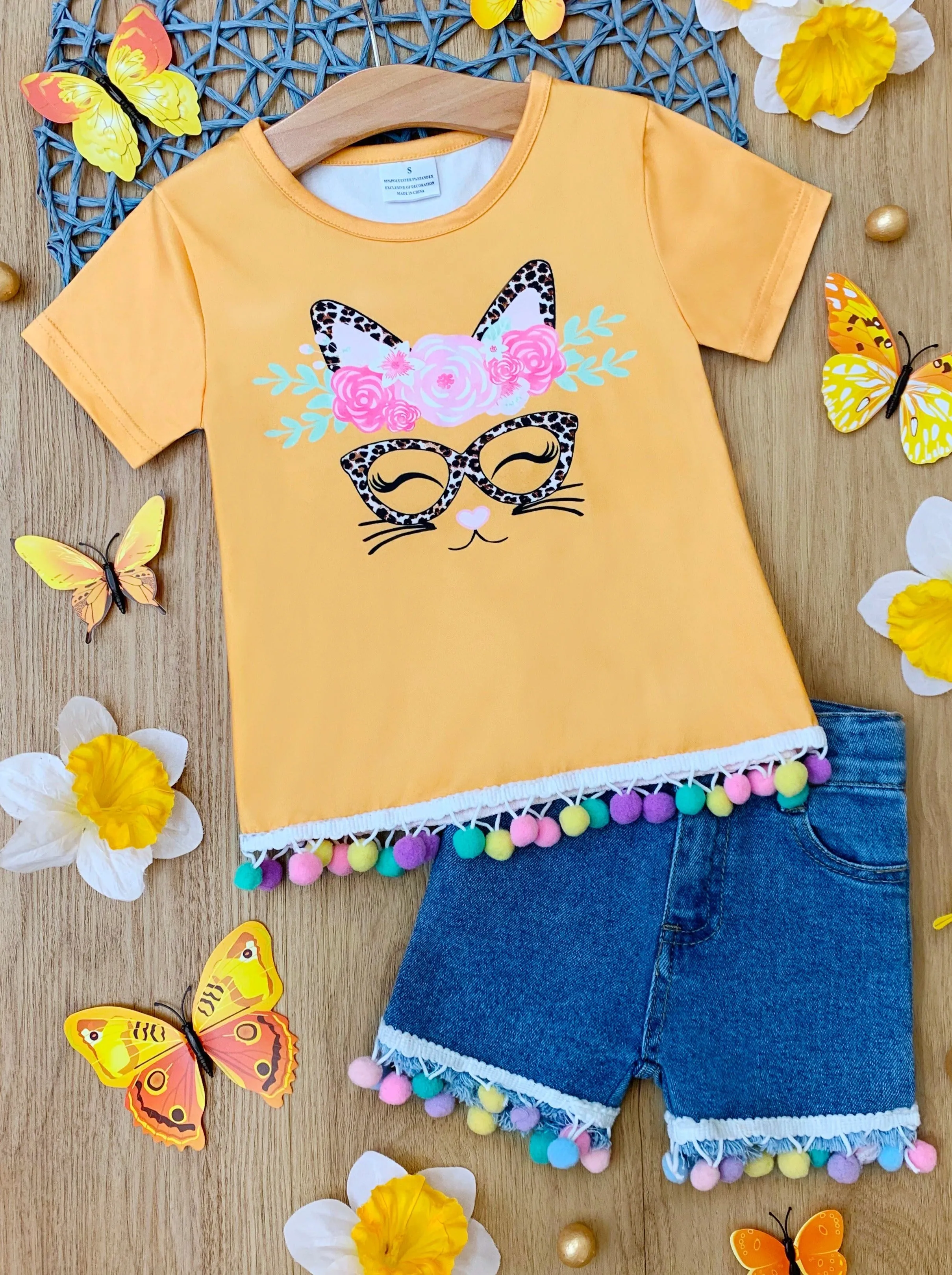 PURRrecious Kitten Pom Pom Denim Shorts Set
