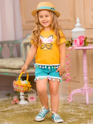 PURRrecious Kitten Pom Pom Denim Shorts Set