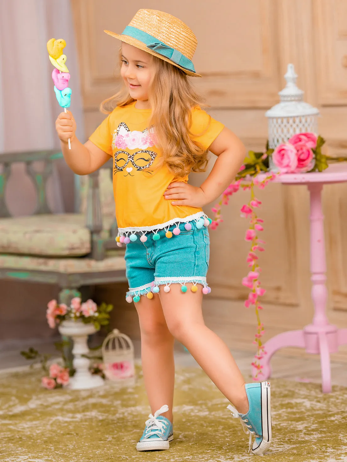 PURRrecious Kitten Pom Pom Denim Shorts Set