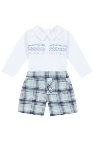 "Roberto" Dusky Blue Smocked Shirt & Tartan Shorts