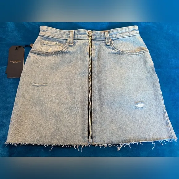 Rag &amp; Bone Anna Denim Front Zip Distressed Mini Skirt NWT