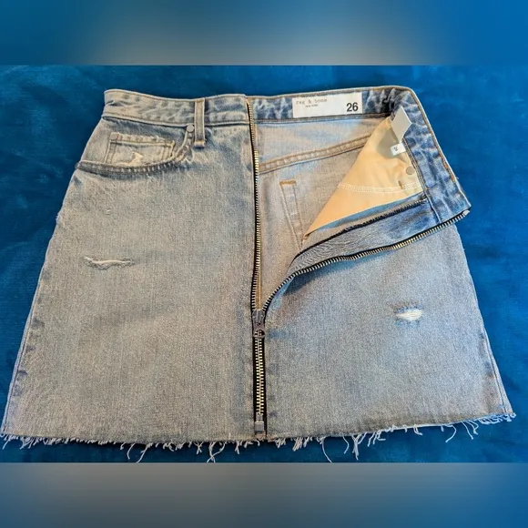 Rag &amp; Bone Anna Denim Front Zip Distressed Mini Skirt NWT