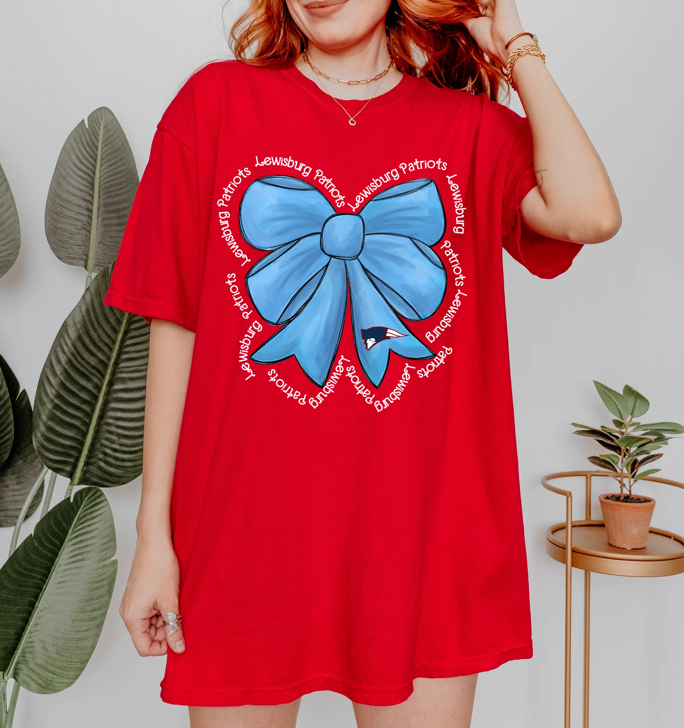 Red Lewisburg Powder Blue Bow Shirt / Youth and Adult Sizes/ Lewisburg -Desoto County Schools / Mississippi School Shirt