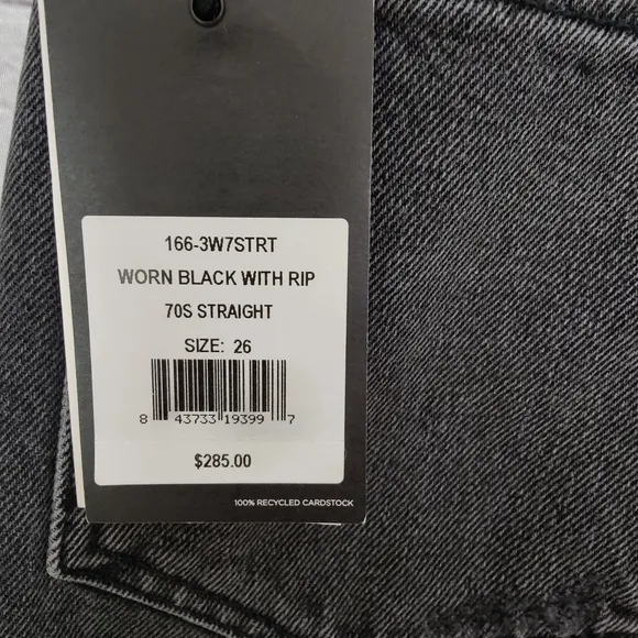 Re/Done 70's Straight High Rise Worn Black With Rip Size 26 NWT