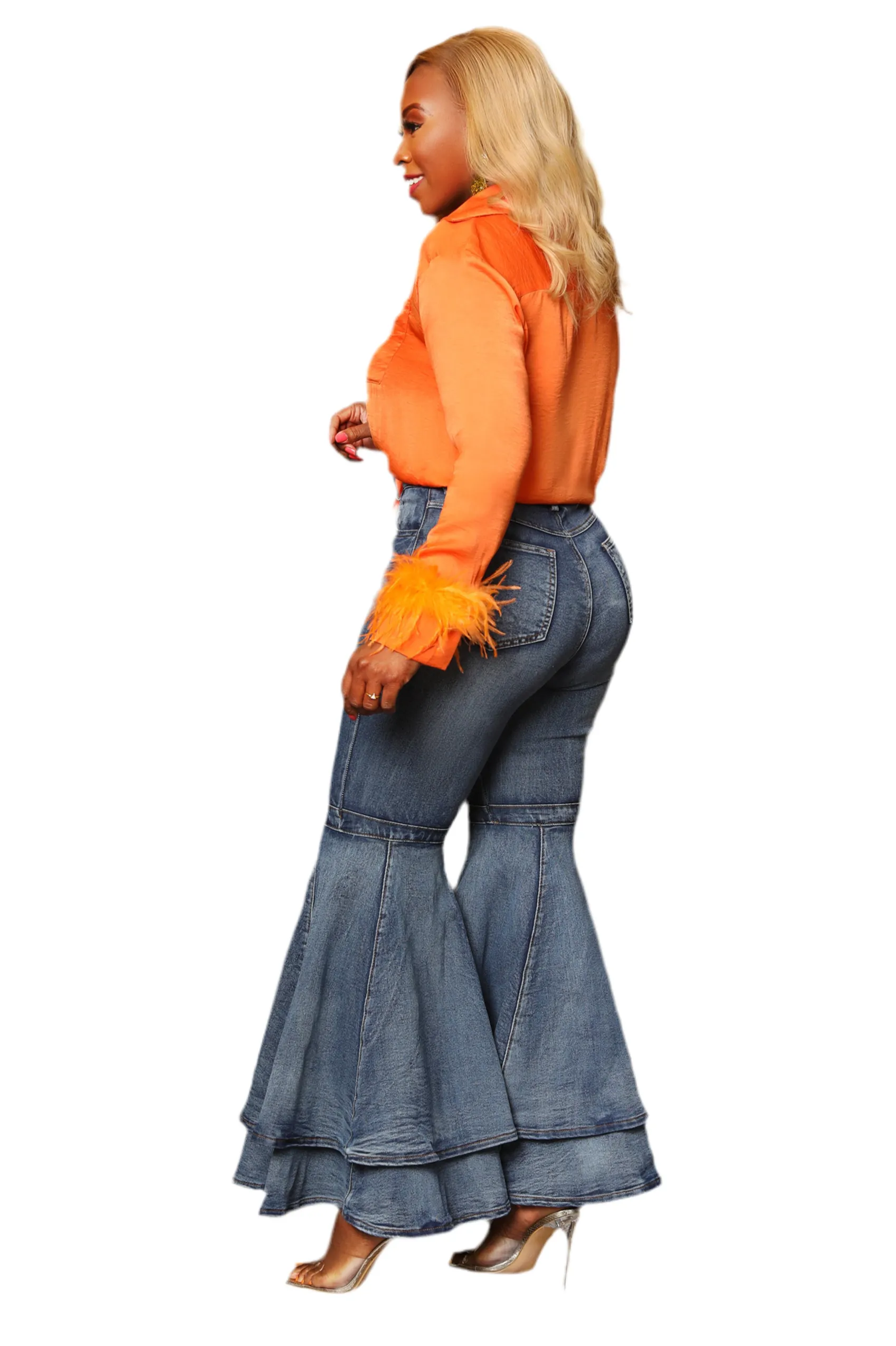 Retro Revival:  High-Waisted, Layered Denim Bell Bottom Jeans