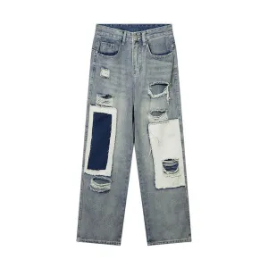 Retro Versatile Distressed Jeans Patch Contrast Straight American Pants High Quality Fashion Pantalones