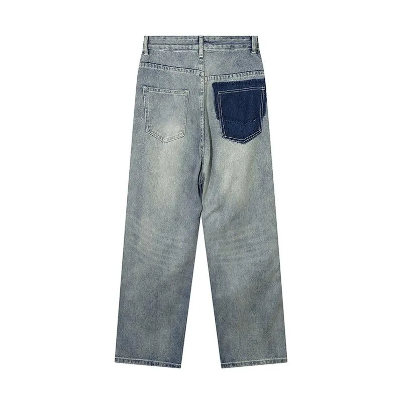 Retro Versatile Distressed Jeans Patch Contrast Straight American Pants High Quality Fashion Pantalones