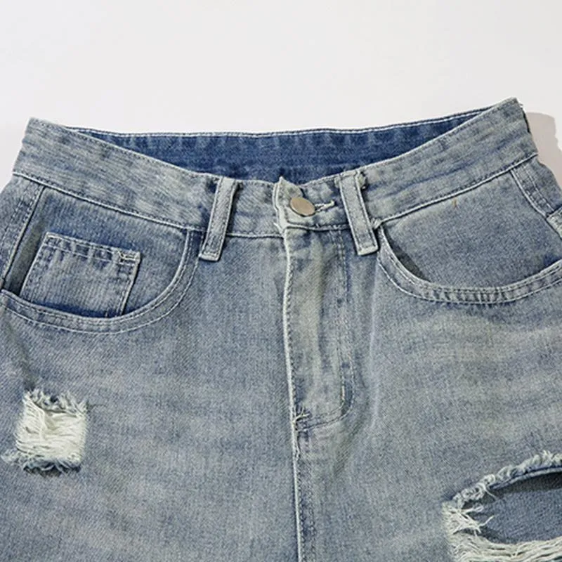 Retro Versatile Distressed Jeans Patch Contrast Straight American Pants High Quality Fashion Pantalones