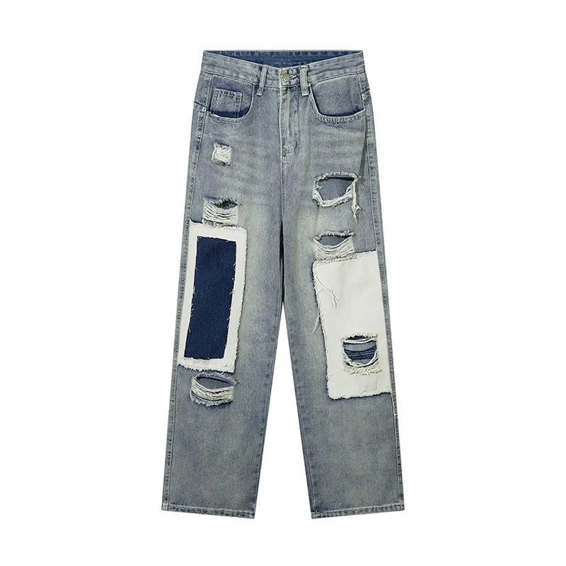 Retro Versatile Distressed Jeans Patch Contrast Straight American Pants High Quality Fashion Pantalones