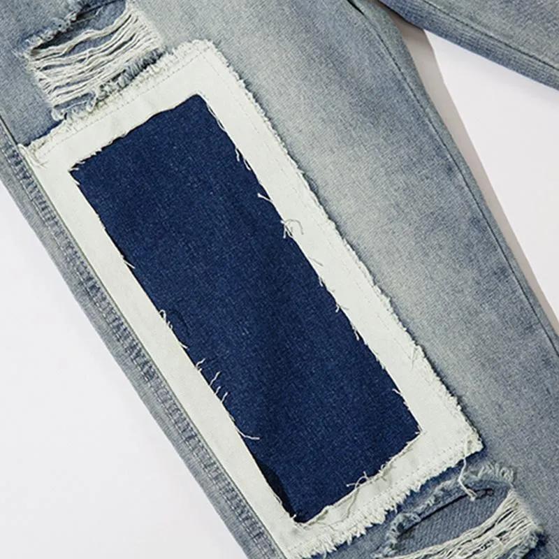 Retro Versatile Distressed Jeans Patch Contrast Straight American Pants High Quality Fashion Pantalones