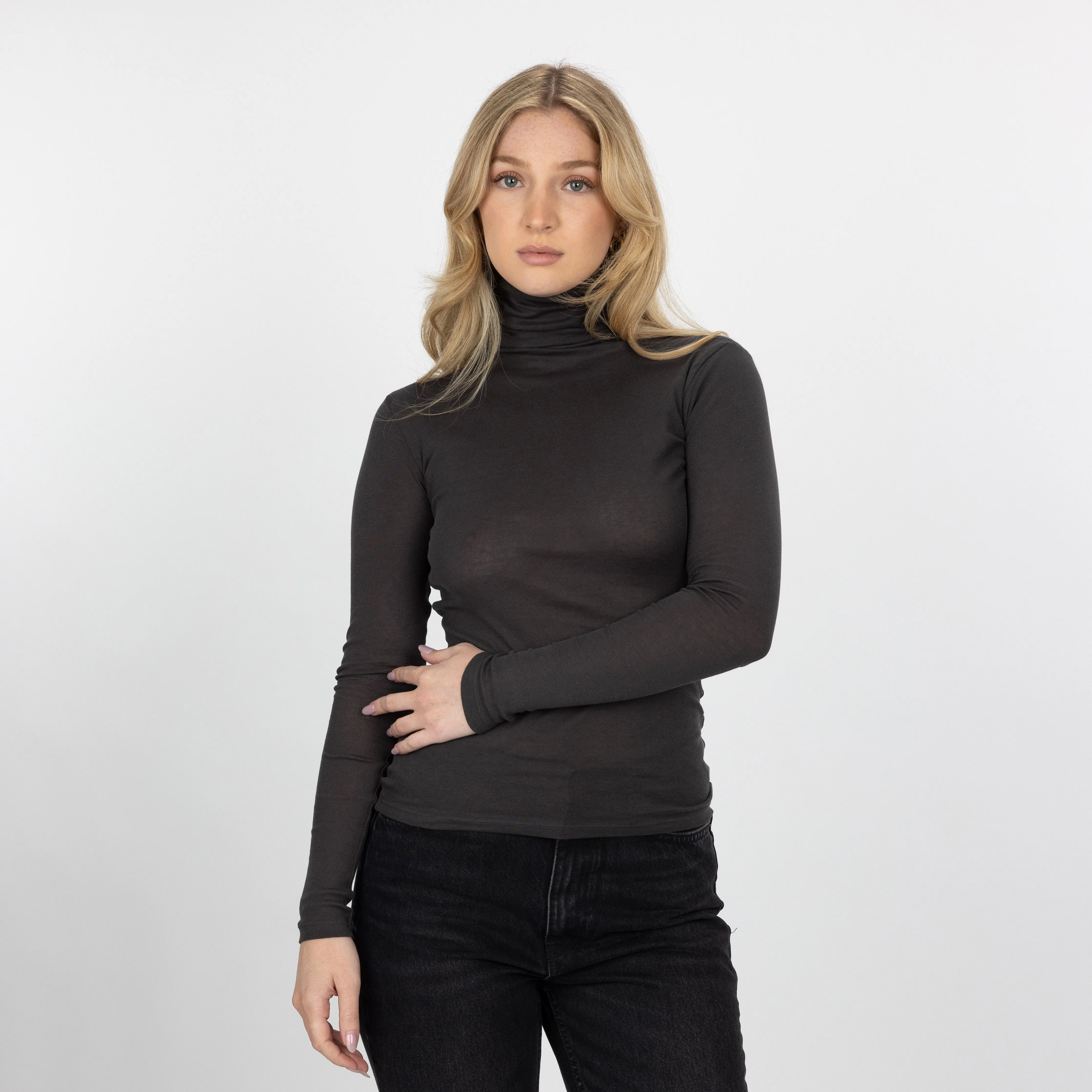 Ribbed Cotton Long Sleeve Turtle Neck - Woodland Grey