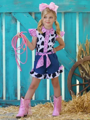 Rodeo Star Cow Print Denim Short Set
