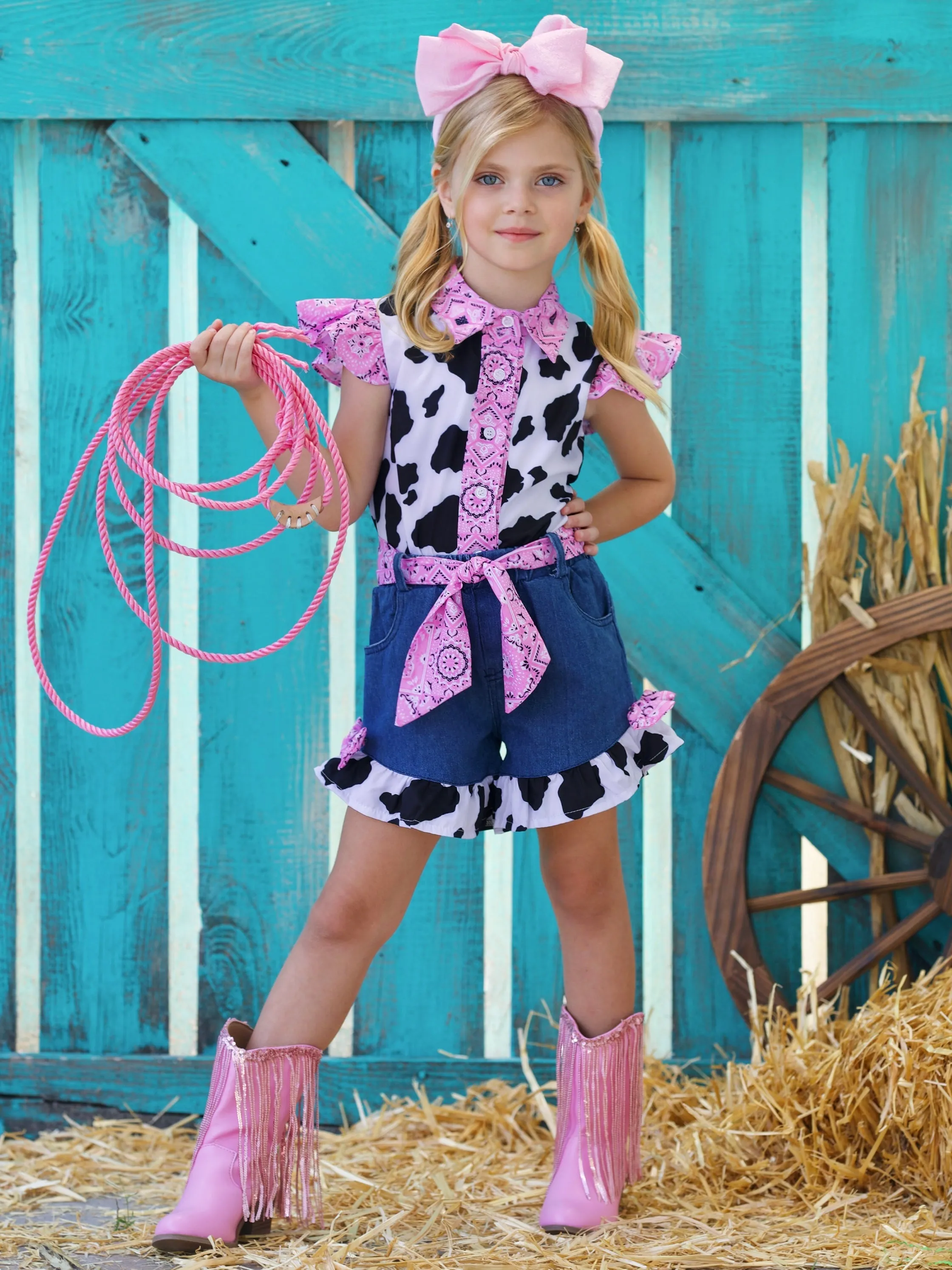 Rodeo Star Cow Print Denim Short Set