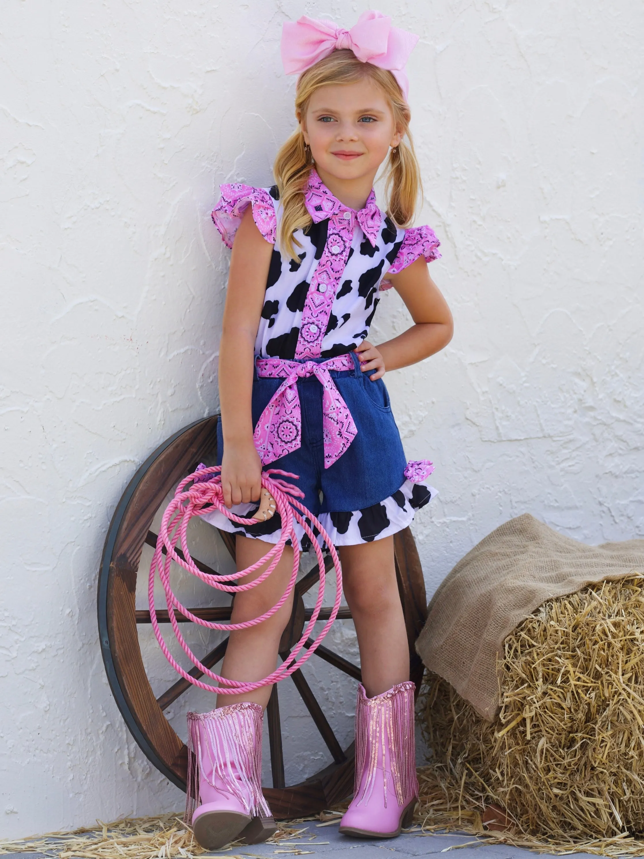 Rodeo Star Cow Print Denim Short Set