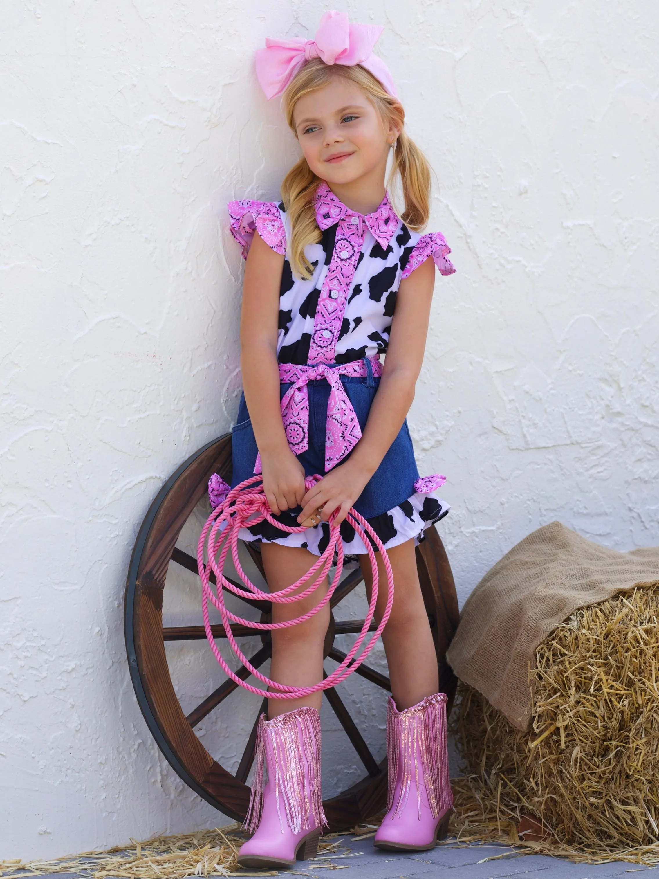 Rodeo Star Cow Print Denim Short Set