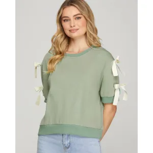 Seafoam Short Sleeve Top with Cream Accent Bows