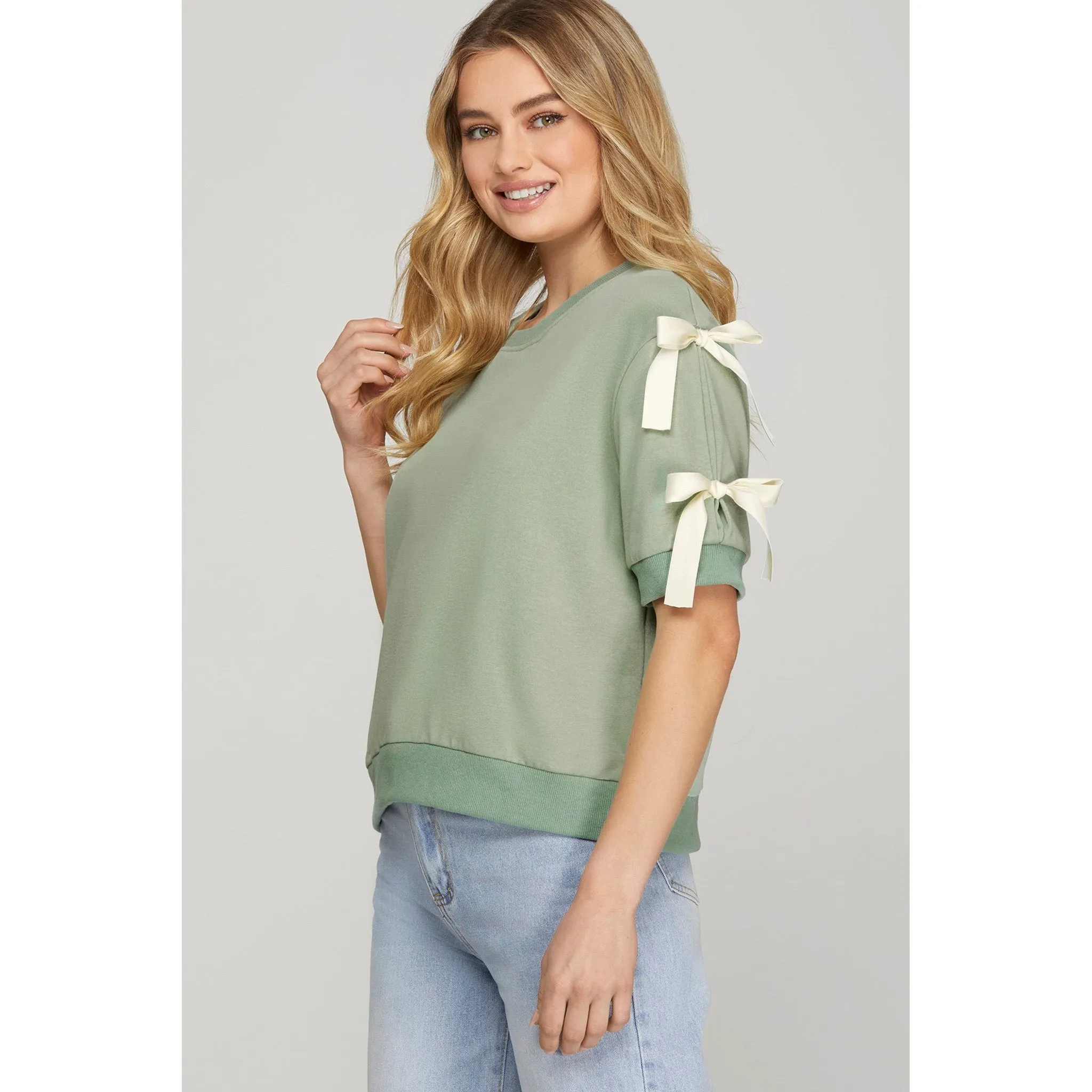 Seafoam Short Sleeve Top with Cream Accent Bows