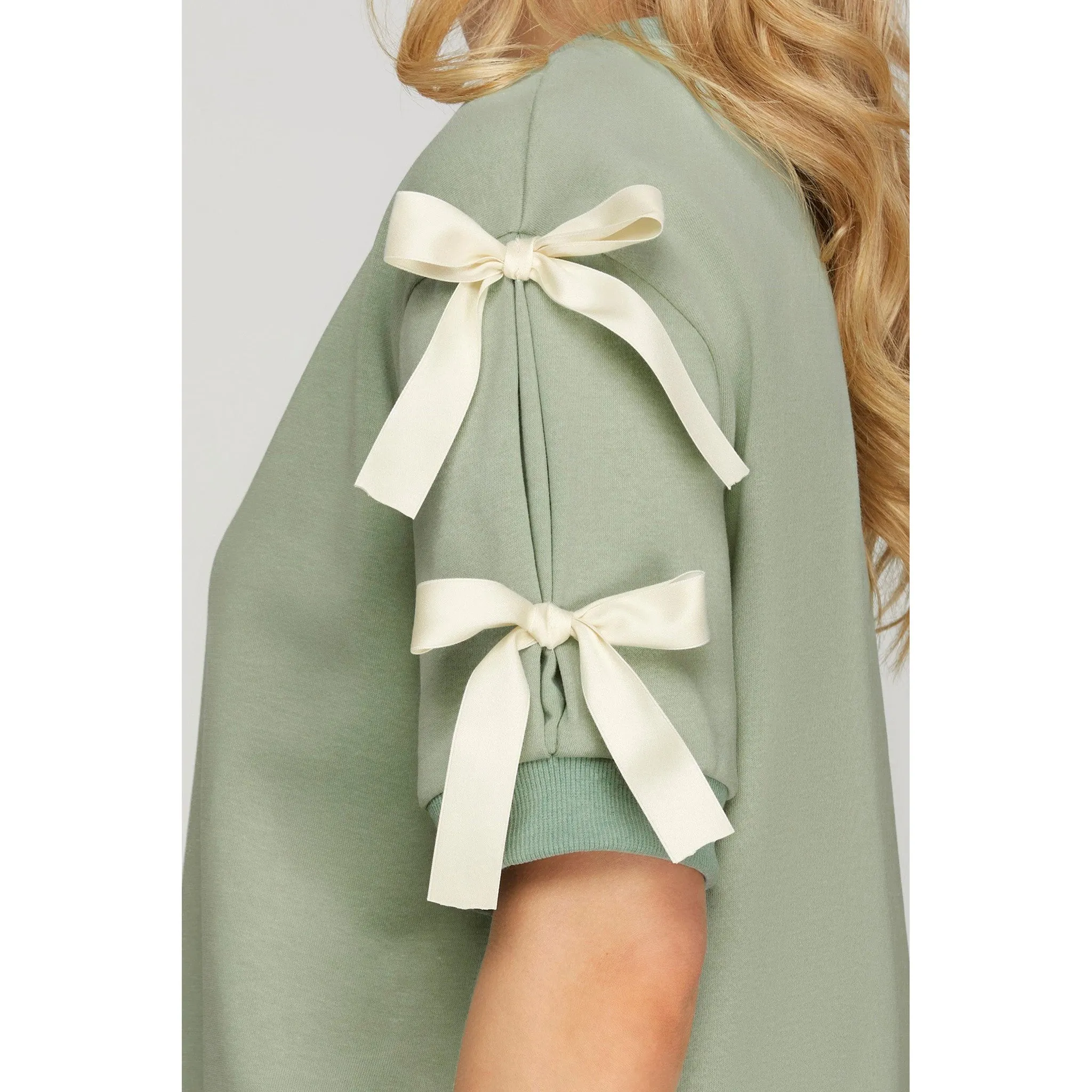 Seafoam Short Sleeve Top with Cream Accent Bows