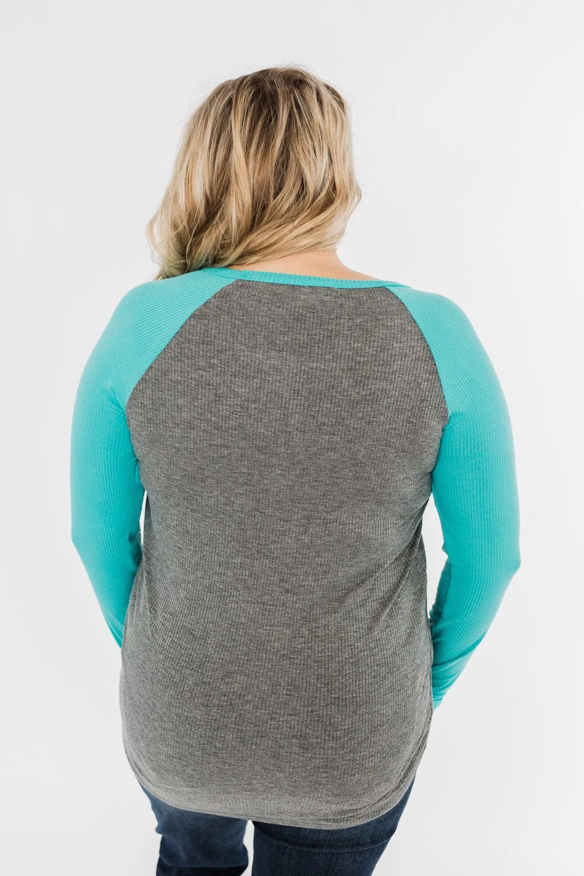 Season Awaits Long Sleeve Raglan Top- Turquoise