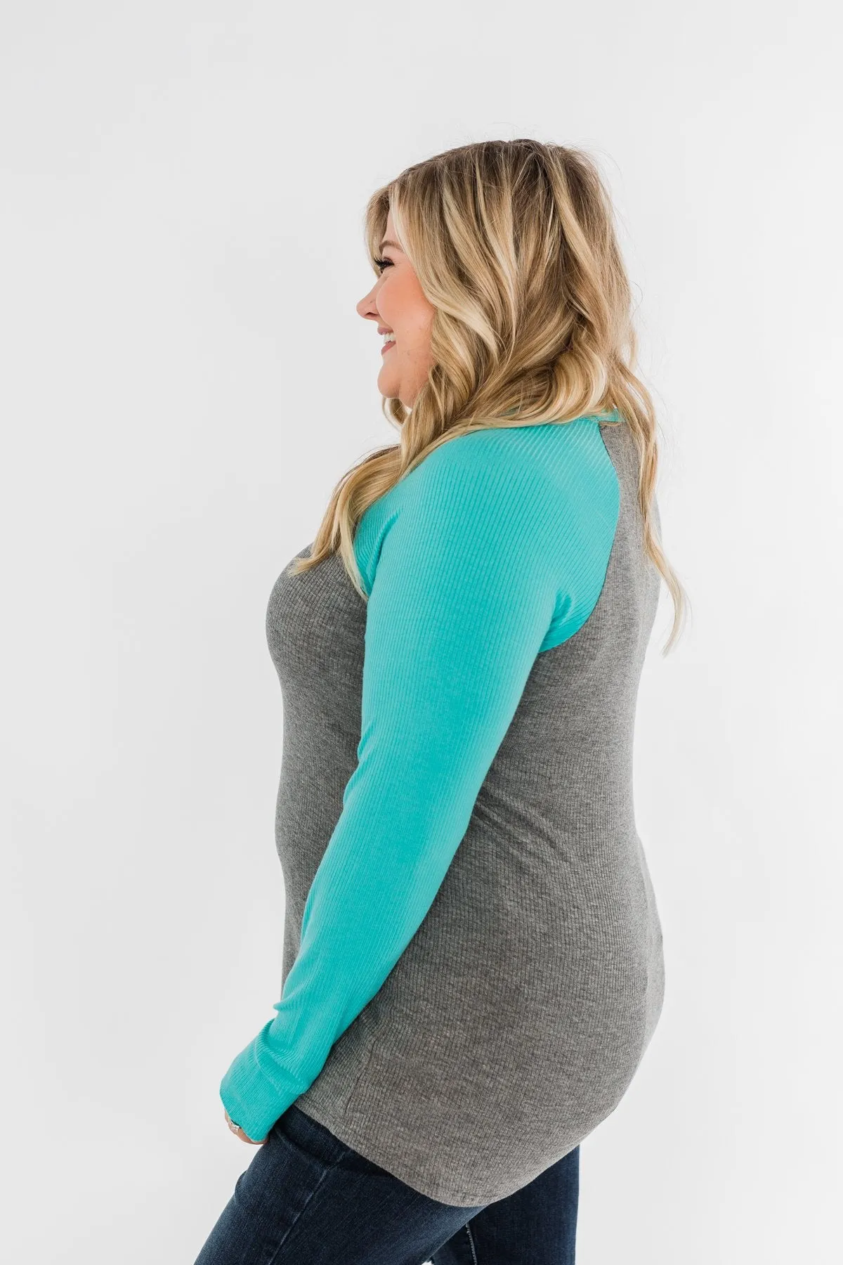 Season Awaits Long Sleeve Raglan Top- Turquoise