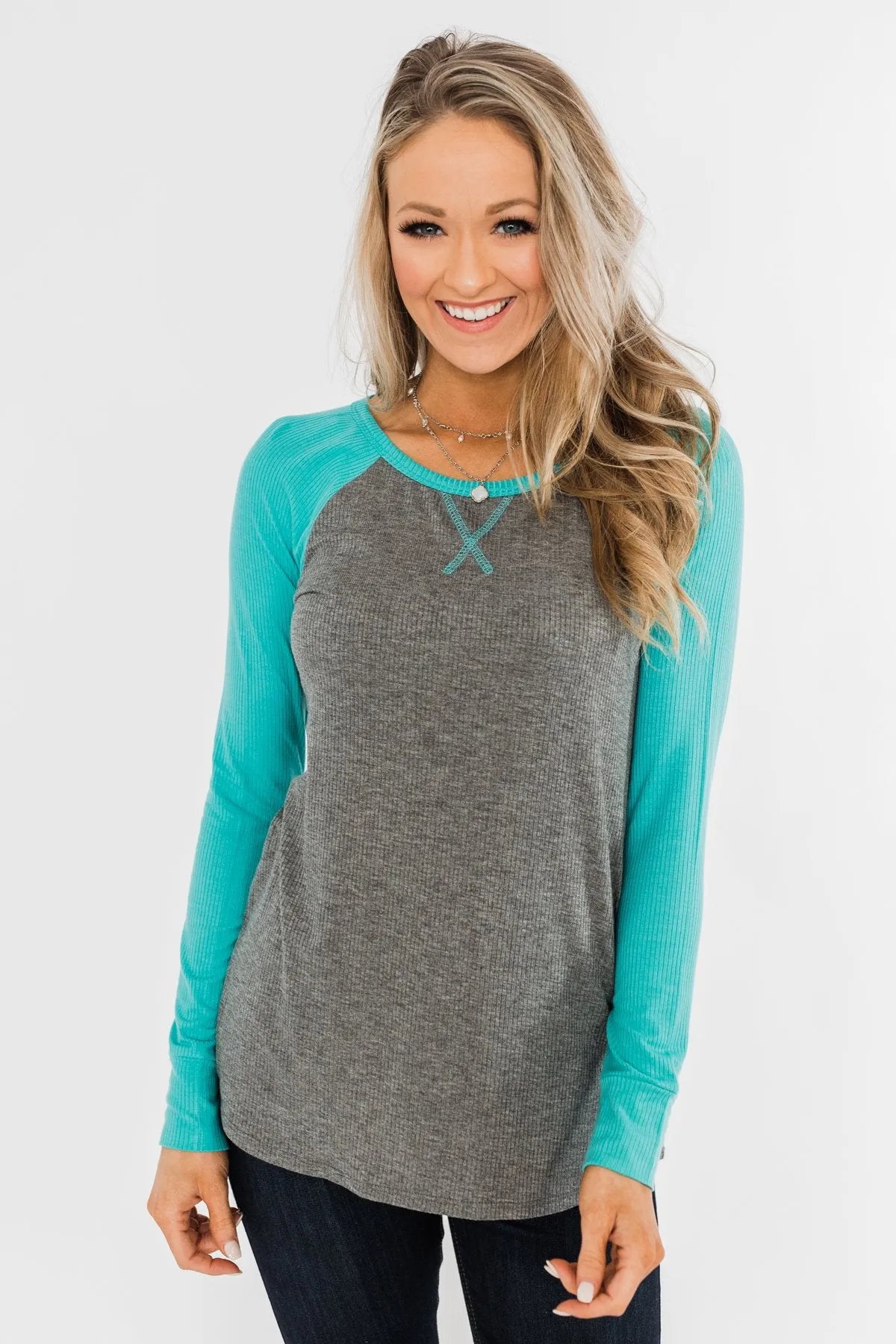 Season Awaits Long Sleeve Raglan Top- Turquoise