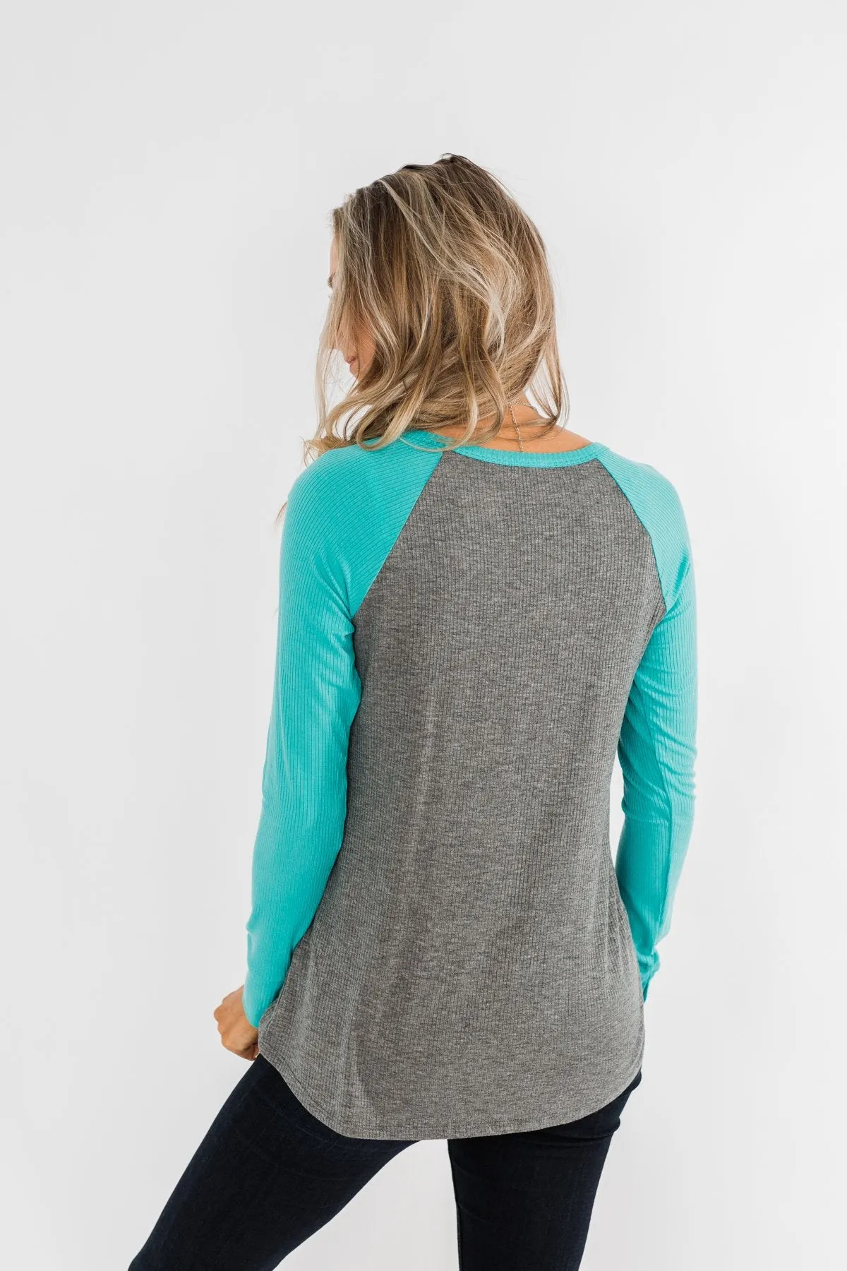 Season Awaits Long Sleeve Raglan Top- Turquoise
