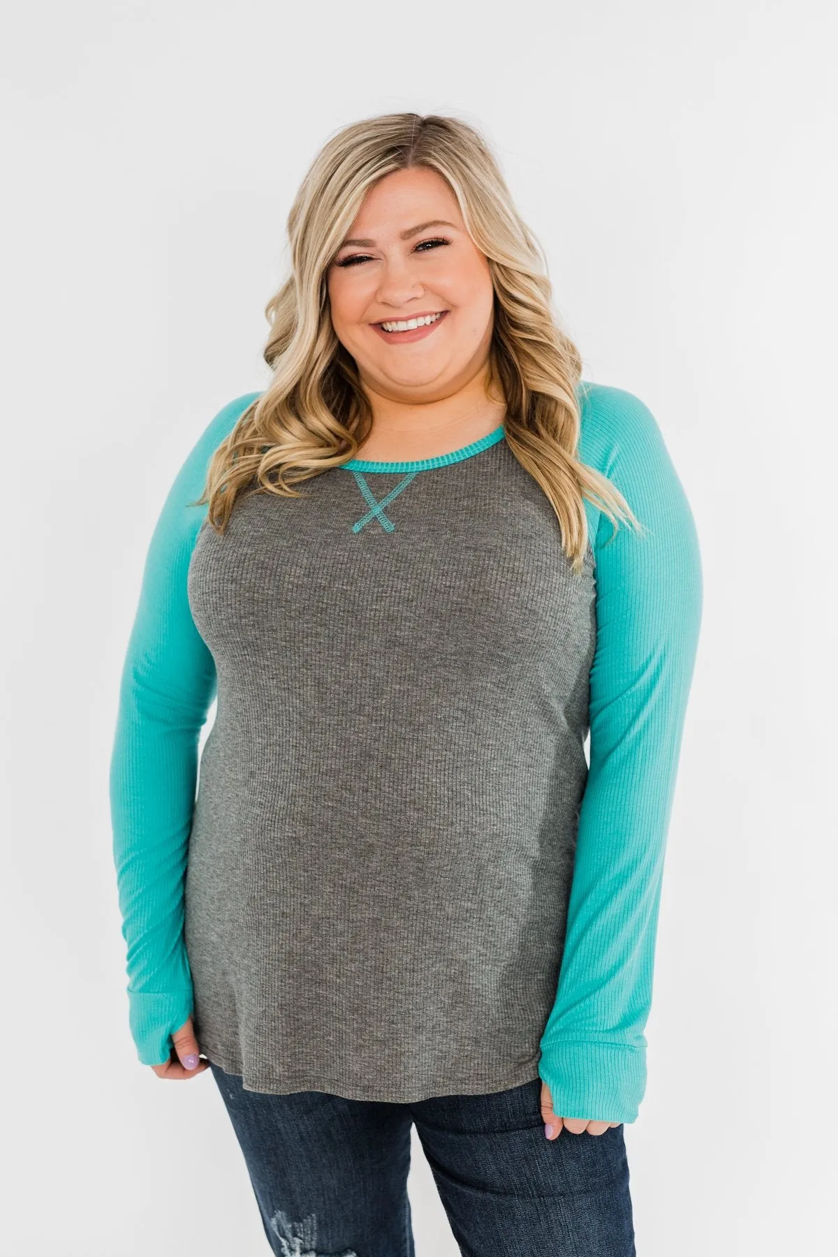 Season Awaits Long Sleeve Raglan Top- Turquoise