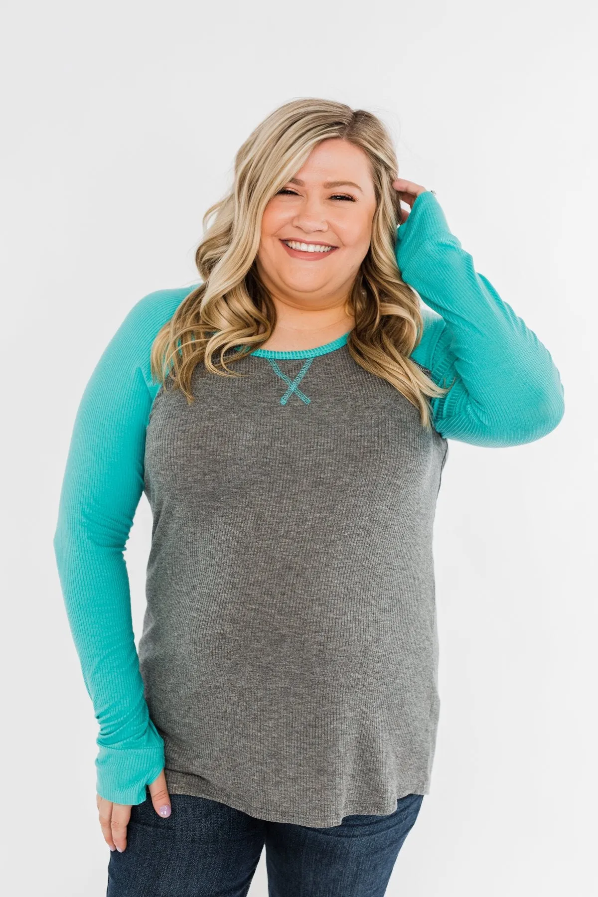 Season Awaits Long Sleeve Raglan Top- Turquoise