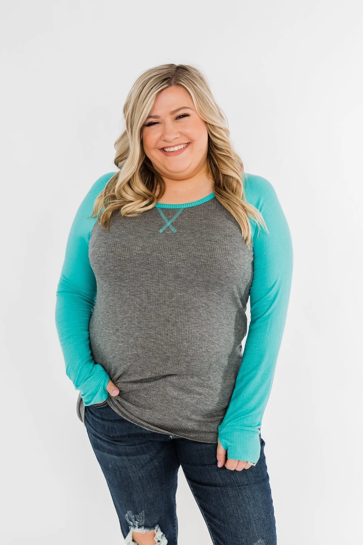 Season Awaits Long Sleeve Raglan Top- Turquoise