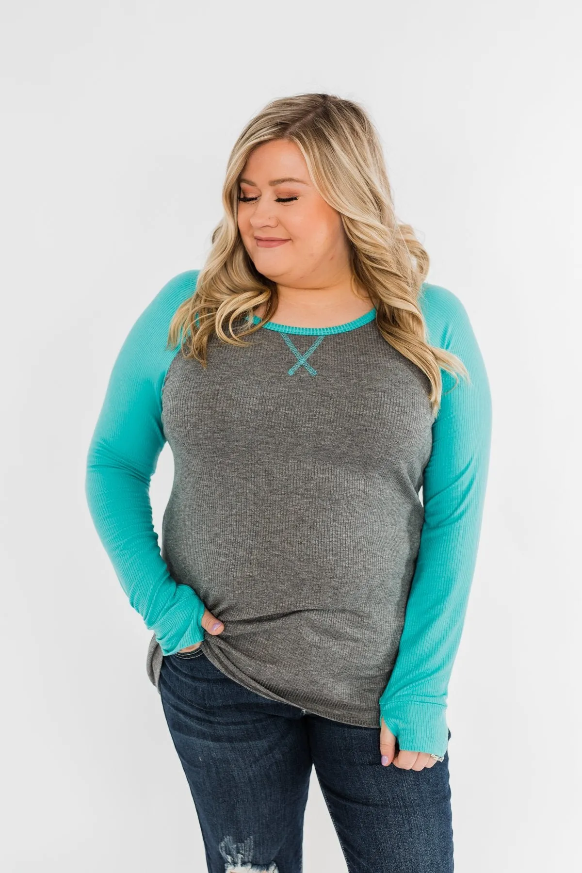 Season Awaits Long Sleeve Raglan Top- Turquoise