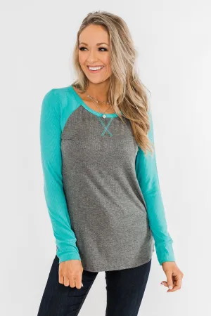 Season Awaits Long Sleeve Raglan Top- Turquoise